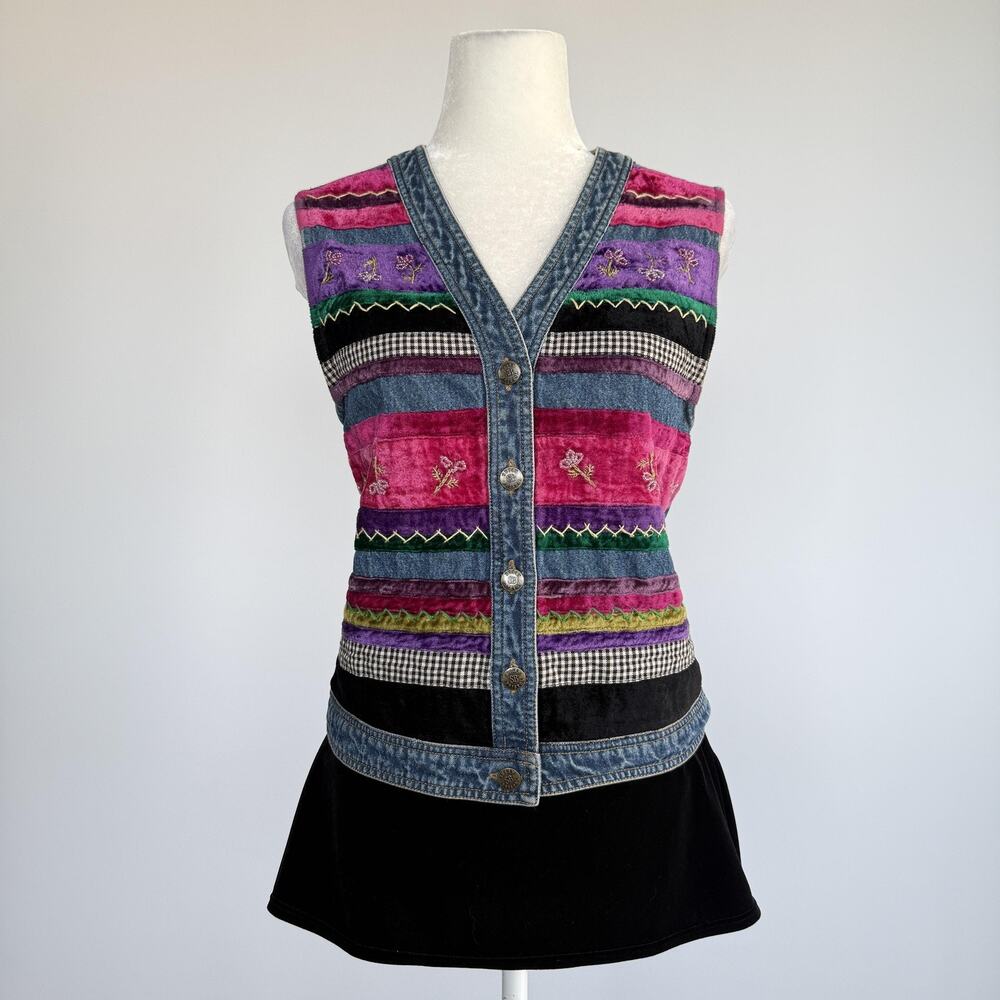 Susan Bristol Vest Womens PP Multicolor Denim Embroidered Striped Floral Boho